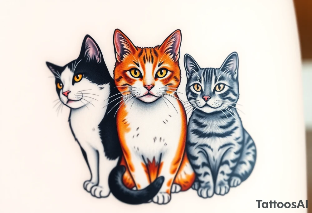 three cats, one black and white cat, one orange and white cat and one grey tabby cat tattoo idea