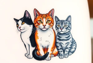 three cats, one black and white cat, one orange and white cat and one grey tabby cat tattoo idea