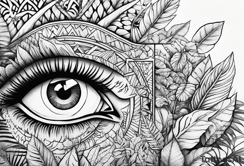arm sleeve tattoo with Viking compas and all-seeing eye with jungle plants tattoo idea