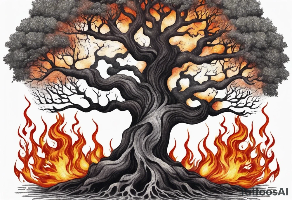 enormous old tree engulfed in flames of fire tattoo idea