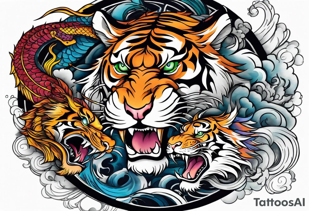 tiger vs dragon ying yang contrast tattoo idea