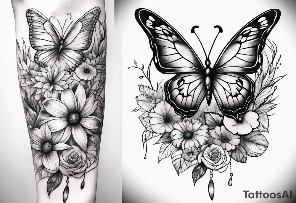 arm sleeve with dreamcatcher, rainbow flowers and one butterfly tattoo idea