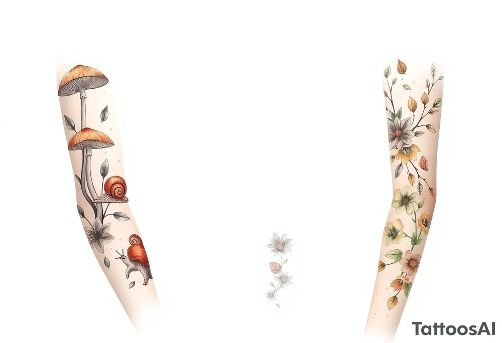 Fall themed sleeve with mushrooms, a snail, some falling leaves off tree branches, falling rain, and fall themed flowers as background filler tattoo idea