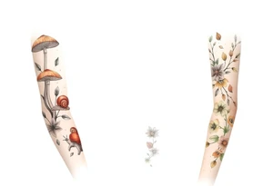 Fall themed sleeve with mushrooms, a snail, some falling leaves off tree branches, falling rain, and fall themed flowers as background filler tattoo idea