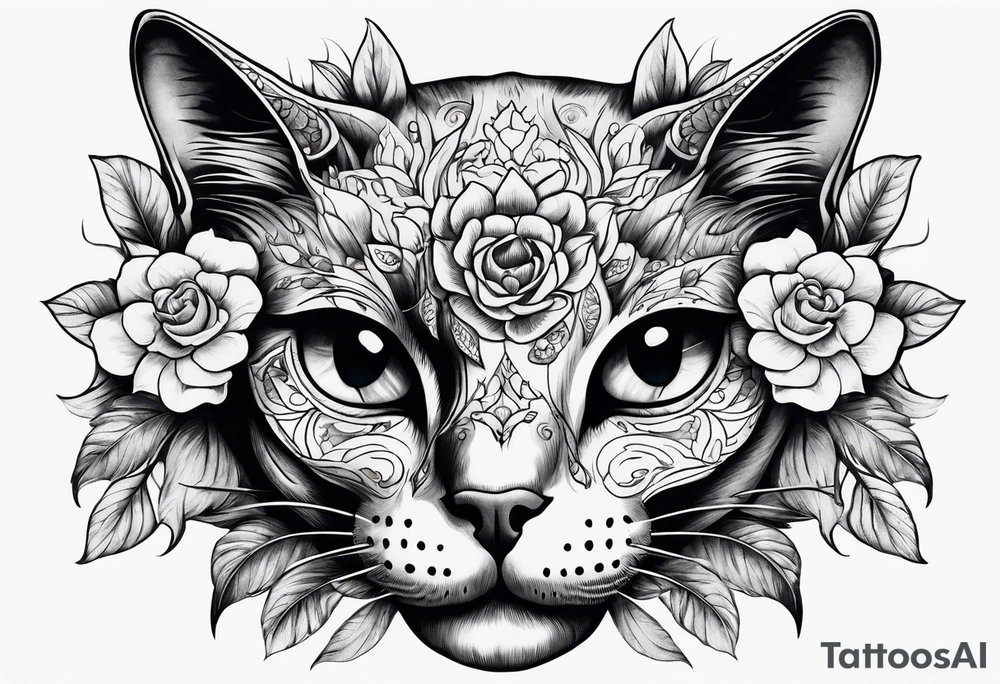 Cat skull with flowers coming out of eye holes tattoo idea