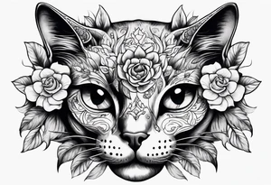 Cat skull with flowers coming out of eye holes tattoo idea