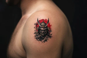 A samurai warrior wear a mask, Pop black & grey style tattoo idea