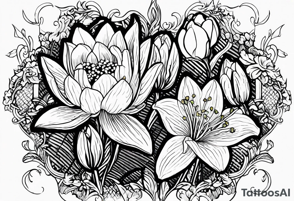 Water Lily, Lily of the Valley, Narcissus, and Gladiolus bouquet for vase tattoo idea