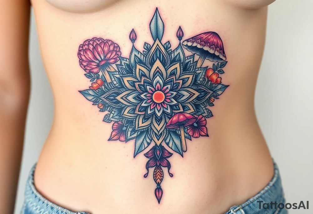 psychedelic  tattoo with crystals and  mandala style flowers and mushrooms like the second picture tattoo idea