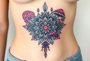 psychedelic  tattoo with crystals and  mandala style flowers and mushrooms like the second picture tattoo idea