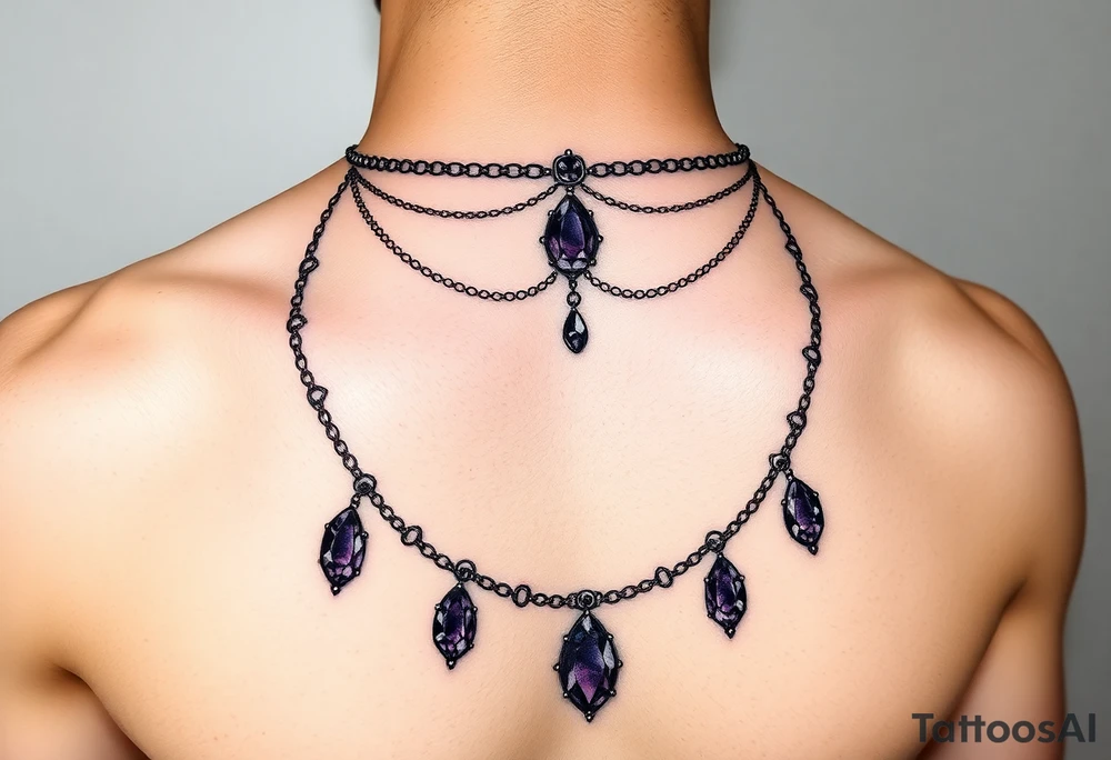 Gothic jewelry draping fine line with amethyst jewels around the front of the neck extending down the chest onto the left shoulder tattoo idea