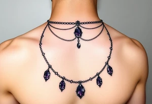 Gothic jewelry draping fine line with amethyst jewels around the front of the neck extending down the chest onto the left shoulder tattoo idea