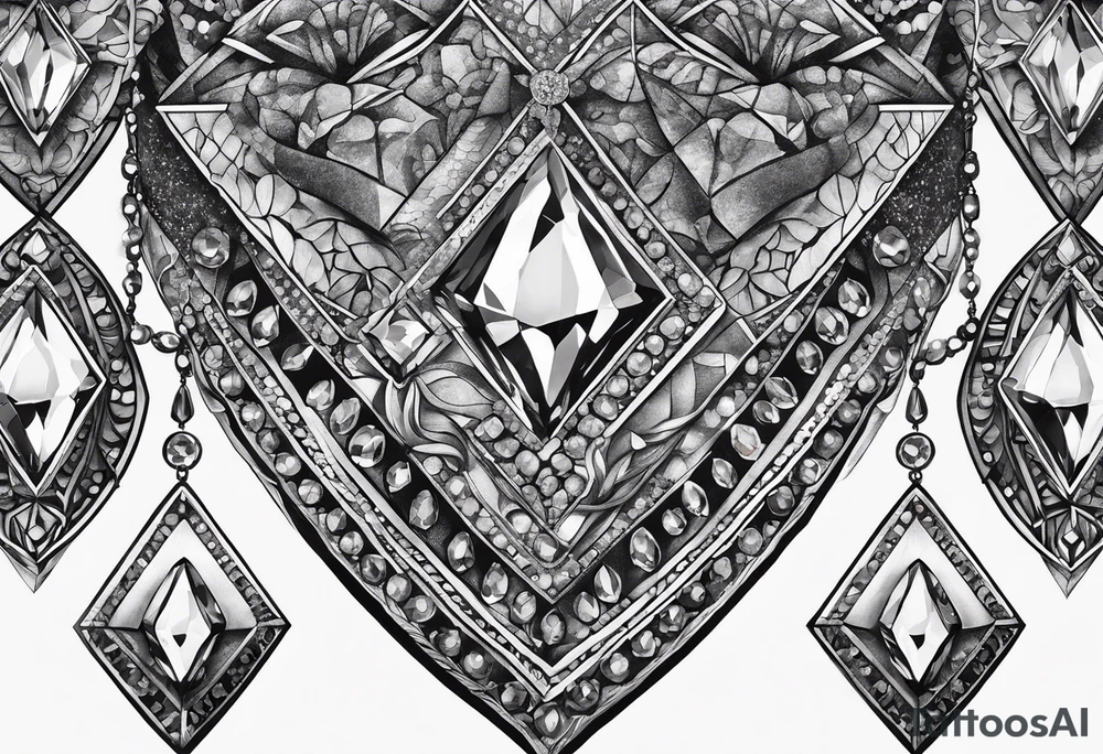 Chunky diamond necklace with lace and gemstones tattoo idea