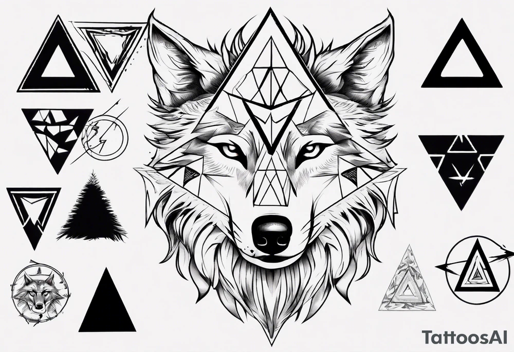 wolf head with triangle on the forehead and trangle in the background tattoo idea