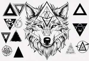wolf head with triangle on the forehead and trangle in the background tattoo idea