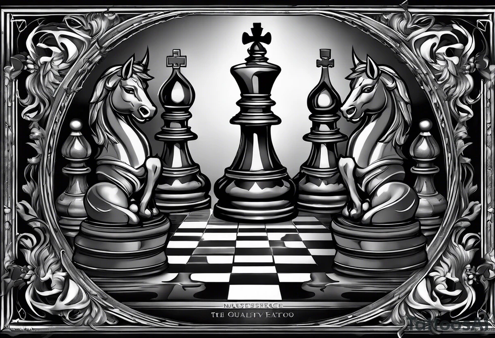 a chessboard with angelic and demonic chess pieces engaged in a strategic game, symbolizing the eternal battle between opposing forces. tattoo idea