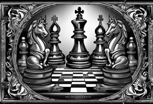 a chessboard with angelic and demonic chess pieces engaged in a strategic game, symbolizing the eternal battle between opposing forces. tattoo idea