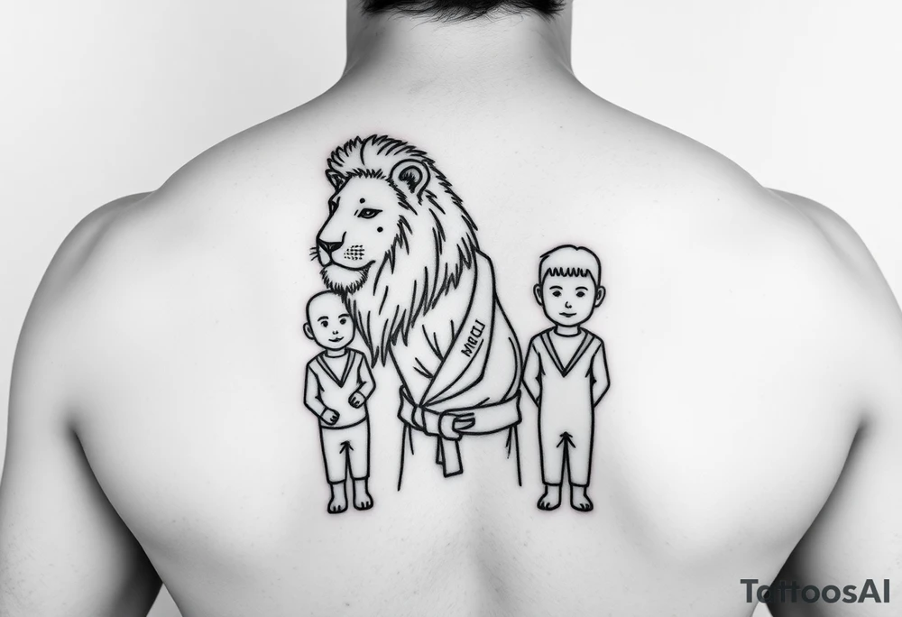 Lion in the Serengeti wearing a Brazilian jiu jitsu gi as a person would along side his two sons tattoo idea