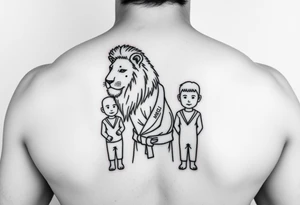Lion in the Serengeti wearing a Brazilian jiu jitsu gi as a person would along side his two sons tattoo idea