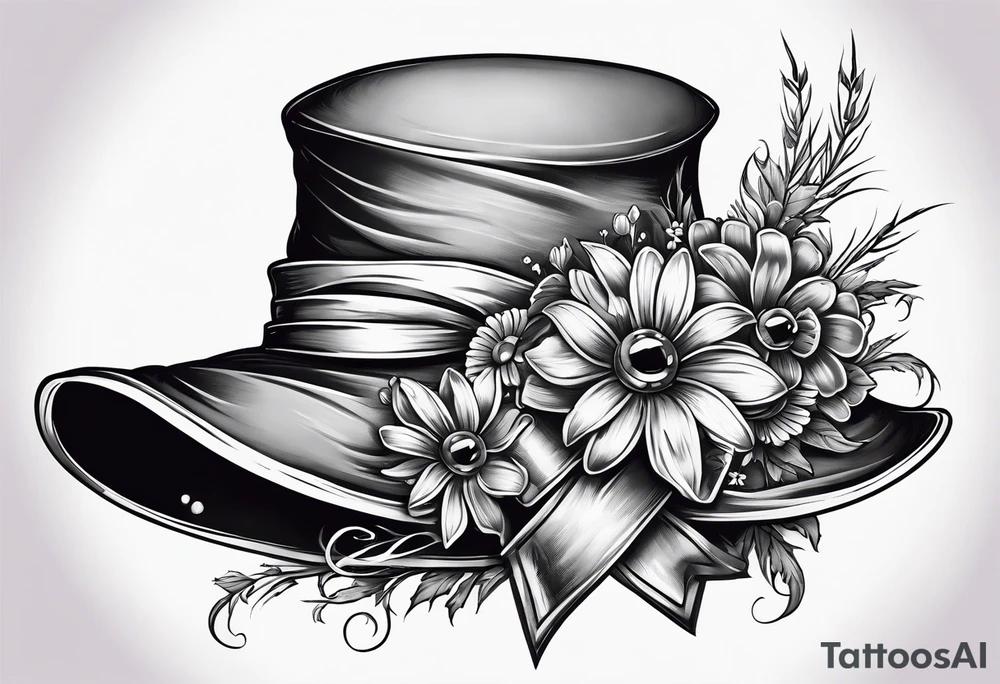 A witch hat tattoo with two ribbons coming down to form a loose bow and daisies and lavender adorning the brim tattoo idea