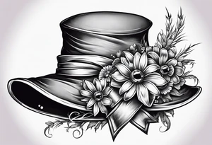 A witch hat tattoo with two ribbons coming down to form a loose bow and daisies and lavender adorning the brim tattoo idea