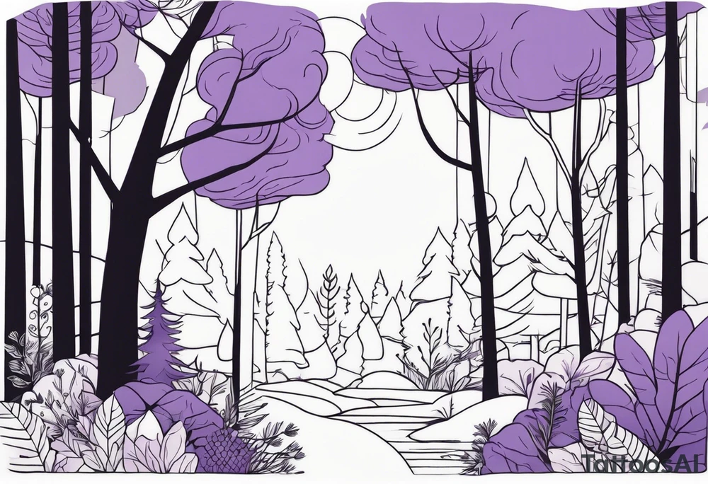 forest, lineswork, purple and black tattoo idea