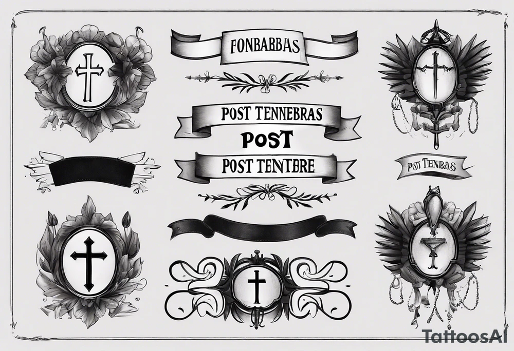 text "POST TENEBRAS LUX" in roman font on a ribbon with dark shades tattoo idea