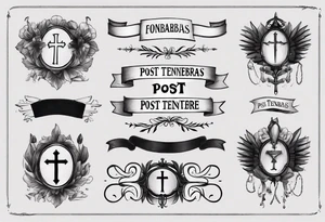 text "POST TENEBRAS LUX" in roman font on a ribbon with dark shades tattoo idea