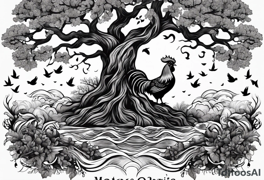 oak tree with rooster and roots and waves and three birds tattoo idea
