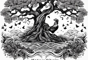 oak tree with rooster and roots and waves and three birds tattoo idea