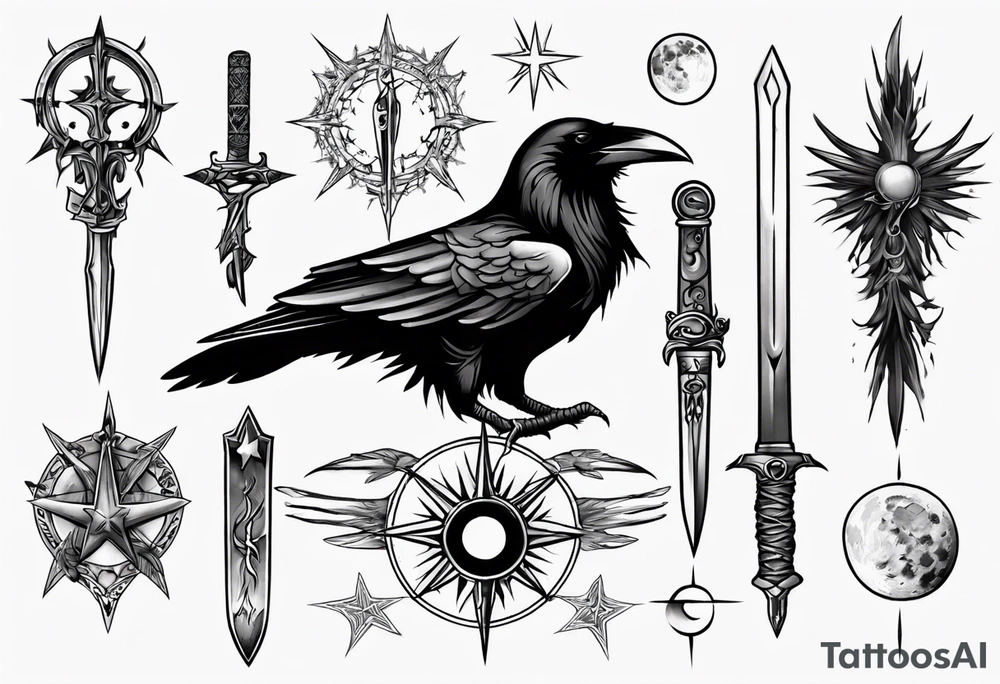 Raven , dagger , moon tattoo idea