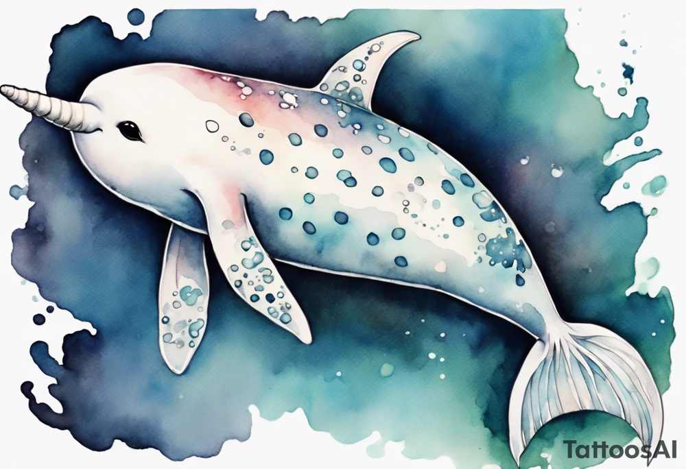a melancholy watercolor painting of a realistic white narwhal swimming tattoo idea