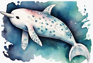 a melancholy watercolor painting of a realistic white narwhal swimming tattoo idea