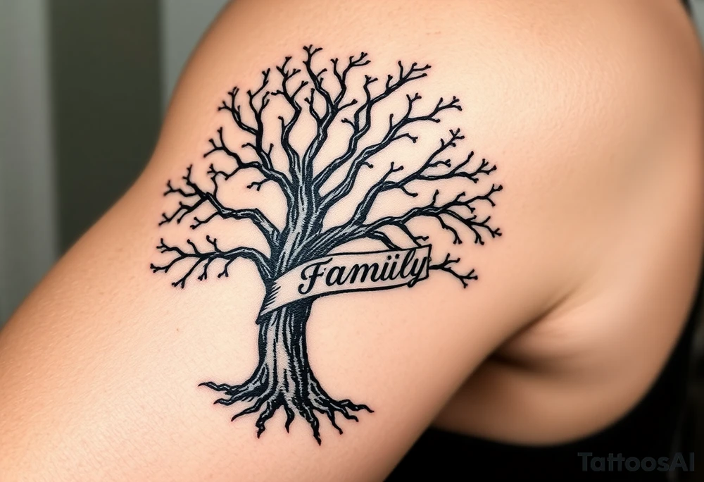 A black and gray realistic tree with engraved word family on the trunk, highlighting deep-rooted family connections tattoo idea
