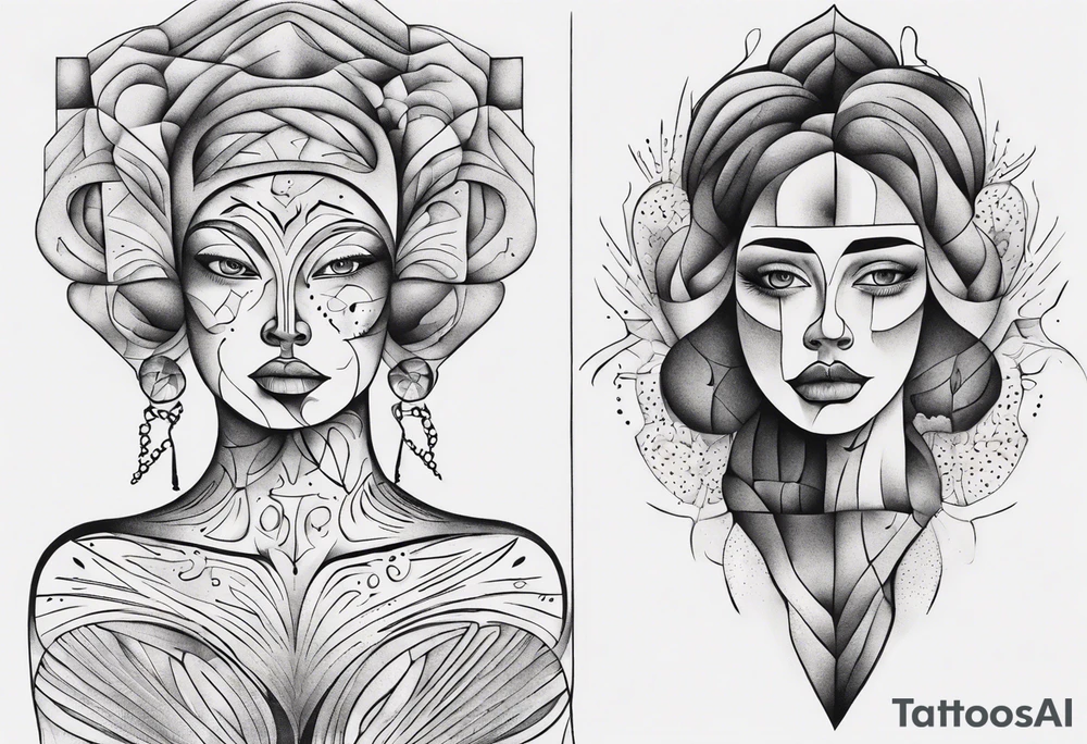 Abstract fine line woman dotwork tattoo idea
