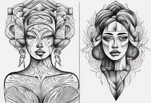 Abstract fine line woman dotwork tattoo idea