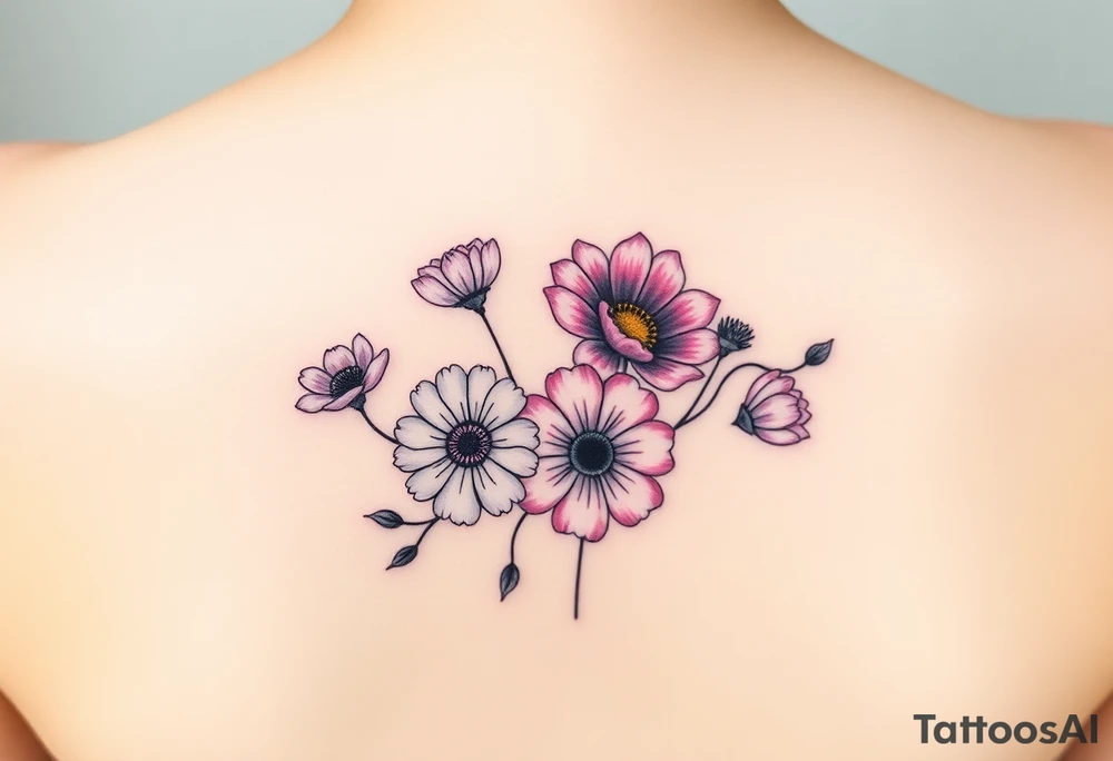flower arrangment ,include two carnations, one violet, two daisies, one cosmos, and one peony tattoo idea