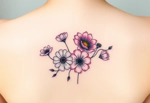 flower arrangment ,include two carnations, one violet, two daisies, one cosmos, and one peony tattoo idea