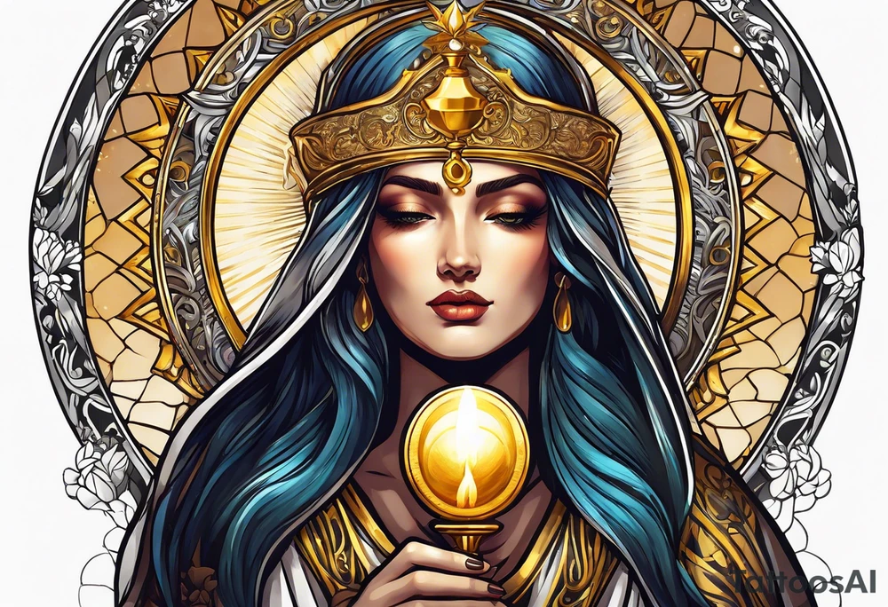 holy saint woman with golden halo holding a chalice tattoo idea