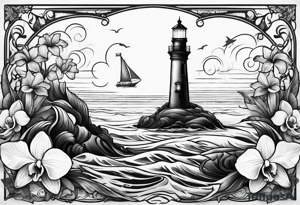 Lighthouse on a beach with a whale's tail sticking out of the water of the ocean with a border containing an anchor and orchids tattoo idea