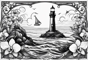 Lighthouse on a beach with a whale's tail sticking out of the water of the ocean with a border containing an anchor and orchids tattoo idea