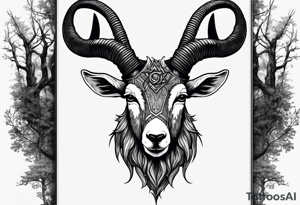 Satanic goat with horns (full body) in a forest with a pentagram in it’s forehead tattoo idea