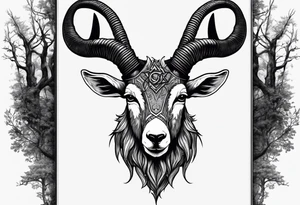 Satanic goat with horns  (full body) in a forest with a pentagram in it’s forehead tattoo idea