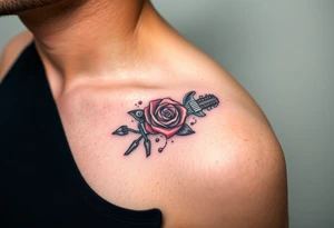 A detailed electric guitar with silver strings, draped in chains, with a rose blooming from the neck, symbolizing the power of love and music together tattoo idea