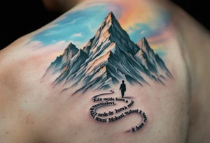 "Kdyz nejde hora k Mohamedovi, musi Mohamed k hore." — A small figure walking toward a majestic gray mountain under a blue sky, with the quote winding around the peak. tattoo idea