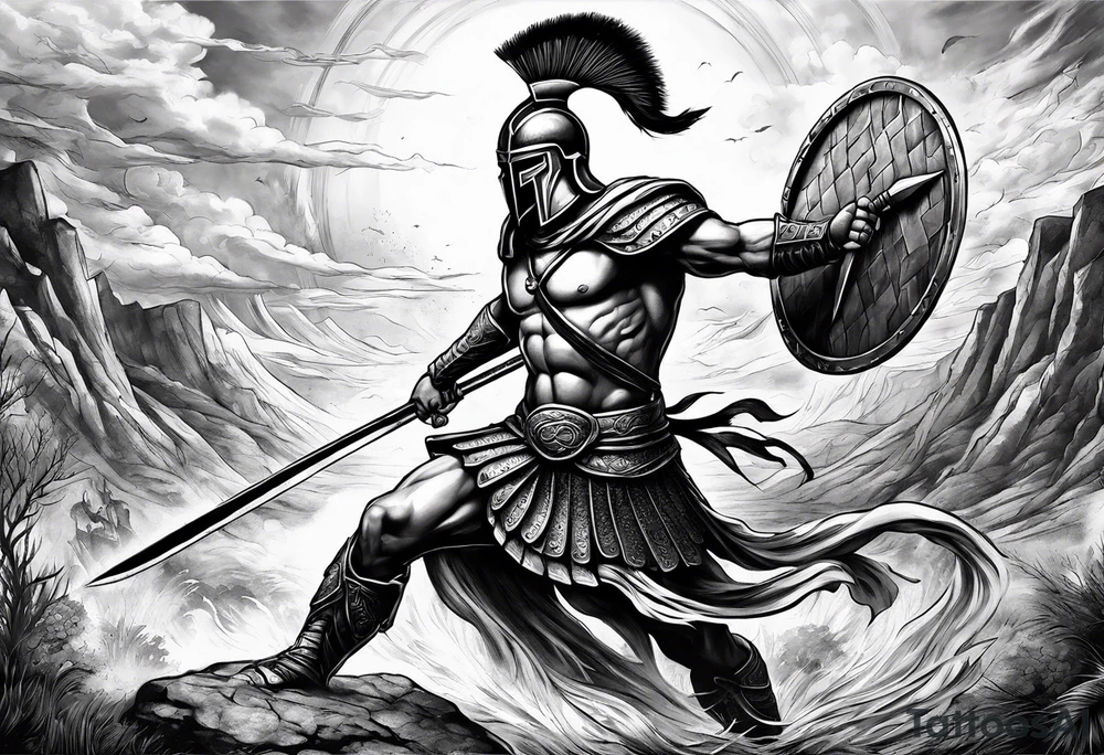 Spartan Warrior with spear
 trampling the weak and hurdling the dead tattoo idea