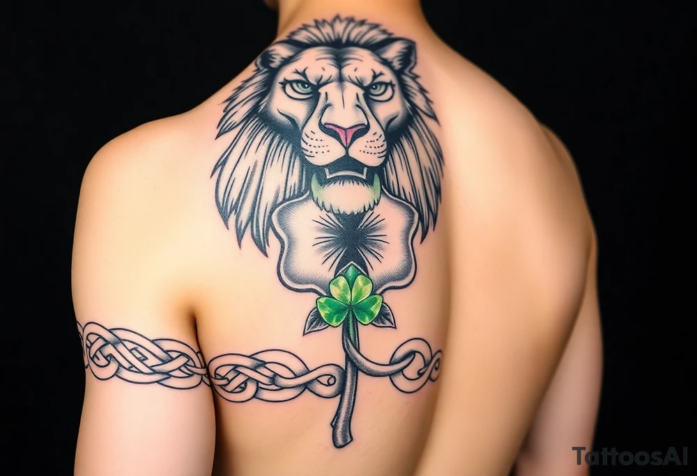 Show on a man's arm. Create a men's half-sleeve tattoo featuring a mighty, majestic face-forward lion at the top of the shoulder. Extend the bottom of the lion's mane to create open and shaded Celtic knots that travel down the arm. Add a hyper-realistic Celtic shamrock with green peridot jewel petals and an organic stem. Continue the knots to intersect with a Celtic warrior armband that wraps the arm just above the elbow. tattoo idea