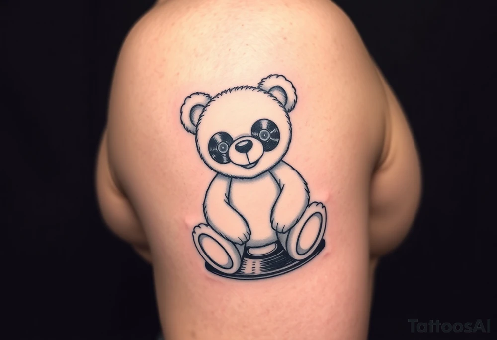 minimalist teddy bear with vinyl records as eyes smiling and sitting on a record tattoo idea