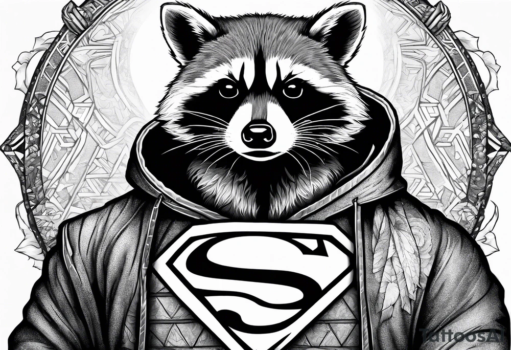 raccoon wearing a Superman hoodie tattoo idea