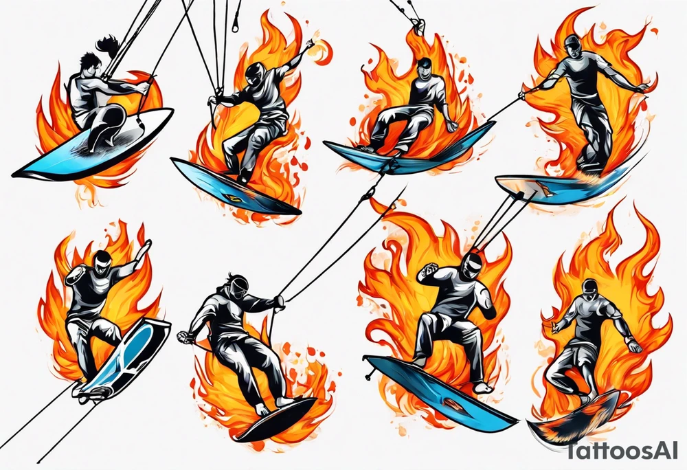 Man doing Kitesurfing tricks in fire tattoo idea